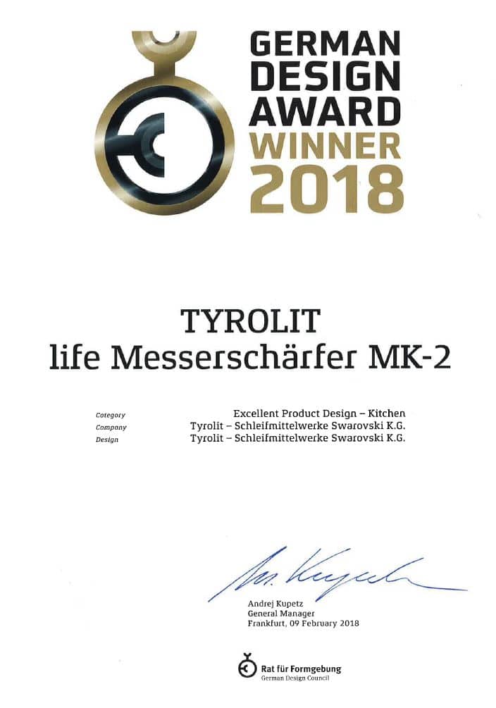 TYROLIT life German Design Award Zertifikat Messerschärfer MK2