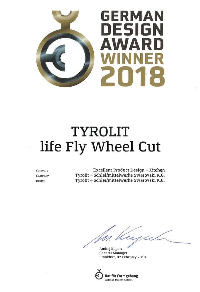 TYROLIT life German Design Award Zertifikat Fly Wheel Cut