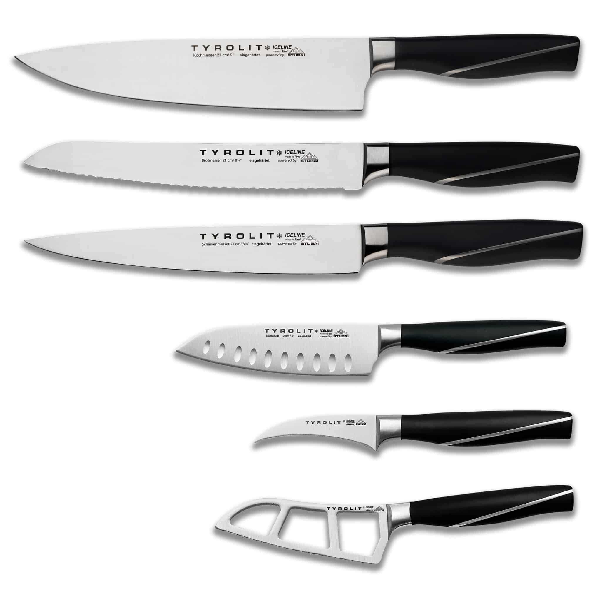 TYROLIT Life Iceline Messerset Expert mit Kochmesser, Brotmesser, Schinkenmesser, Santoku II, Tourniermesser und Käsemesser